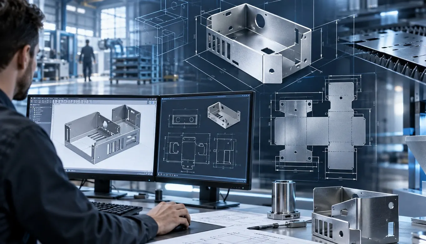 Konstrukteur am Doppelbildschirm mit 3D-Modell und Abwicklung eines Blechgehäuses