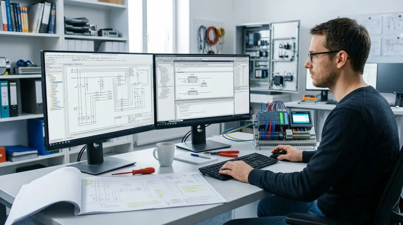 Engineering Elektrotechnik: Stromlaufplan und SPS-Programm am Doppelbildschirm-Arbeitsplatz