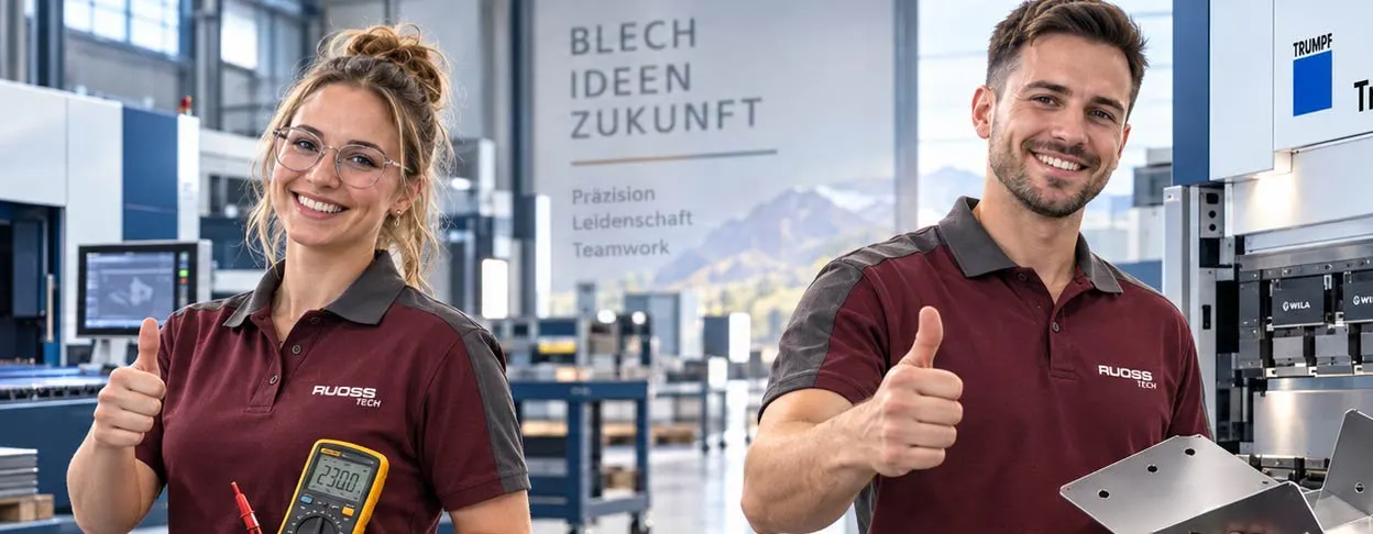 Zwei Mitarbeitende der RuossTech AG in der Fertigung, beide mit erhobenem Daumen