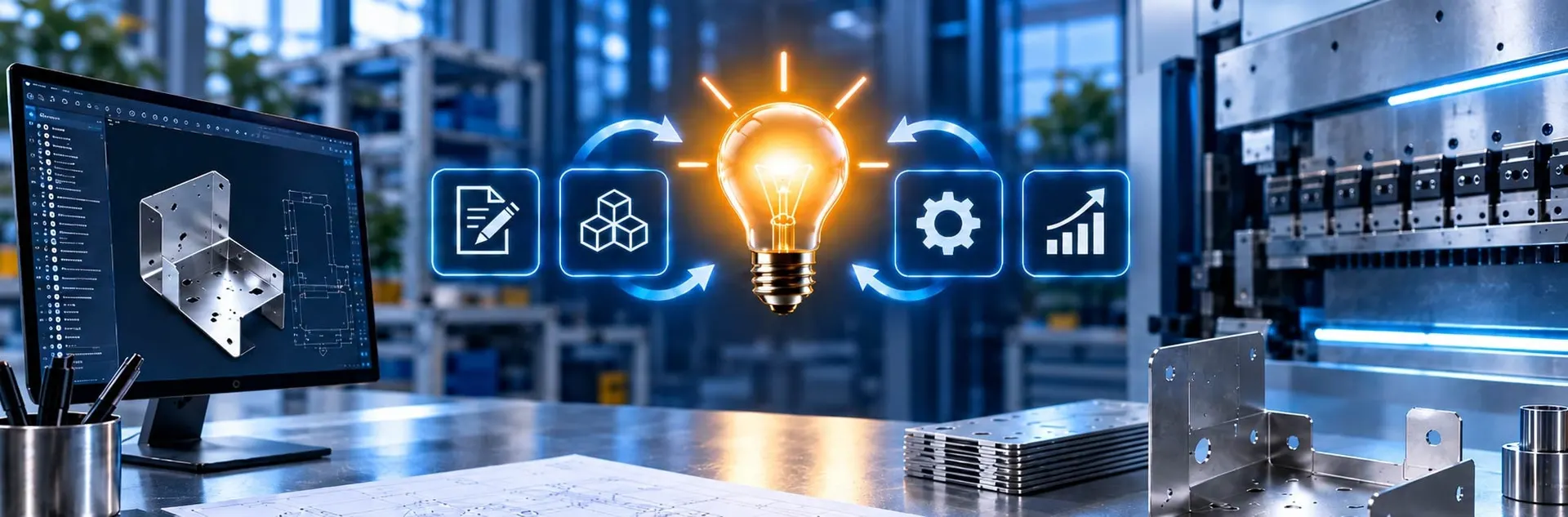 CAD-Arbeitsplatz vor einer Abkantpresse, daneben eine leuchtende Glühbirne als Sinnbild für Tipps und Tricks