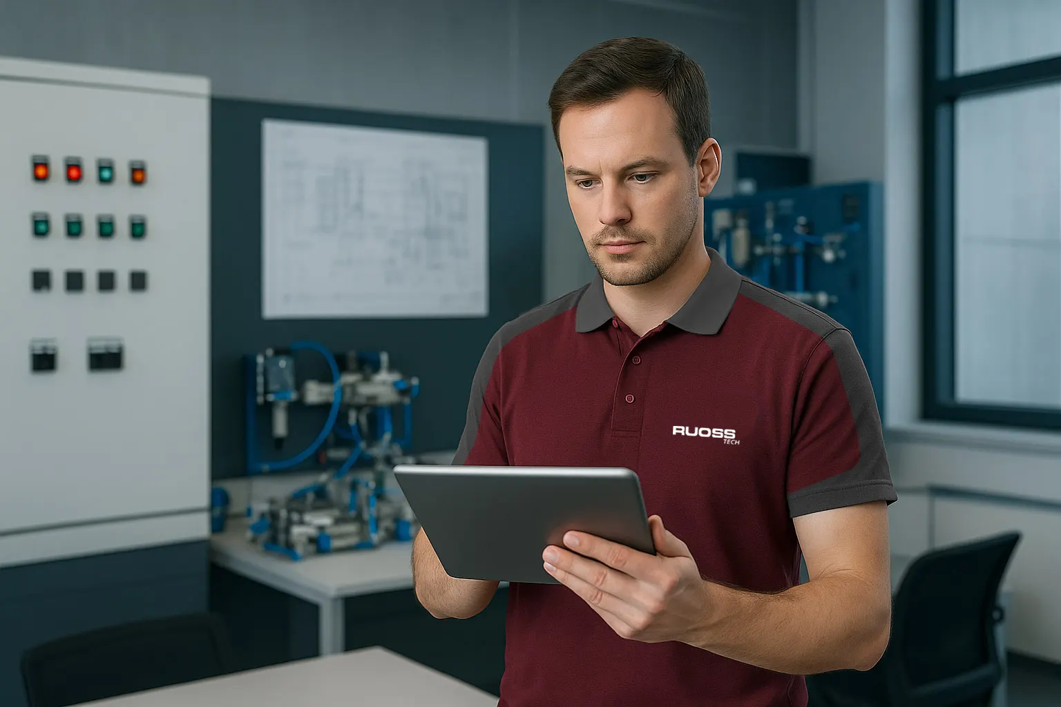 Projektleiter Elektrotechnik prüft eine Anlage bei der RuossTech AG