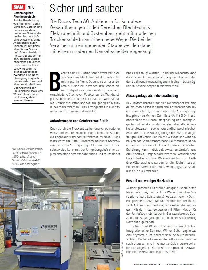 Fachbericht im Schweizer Maschinenmarkt (SMM) über Weber PT 1350 und ESTA Absaugung – RuossTech AG